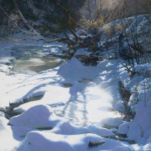 A sunlit snowy creek winds through a forest. Snow covers the ground and tree branches, while sunlight creates bright highlights and shadows. A person stands near the water, partially hidden among the trees. 15th Annual PleinAir Salon Art Competition
