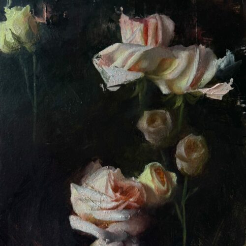 A dark, moody painting of pale pink and white roses with green stems, softly illuminated against a shadowy background, creating a dramatic and romantic atmosphere. 15th Annual PleinAir Salon Art Competition