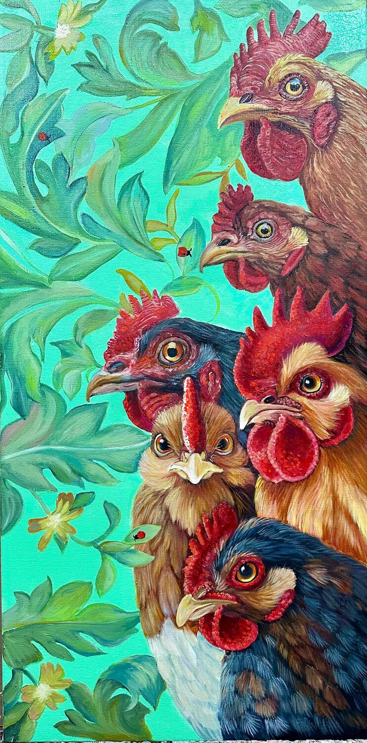A group of six chickens with vivid red combs stand closely together against a bright green background with swirling leafy patterns and yellow flowers. 15th Annual PleinAir Salon Art Competition