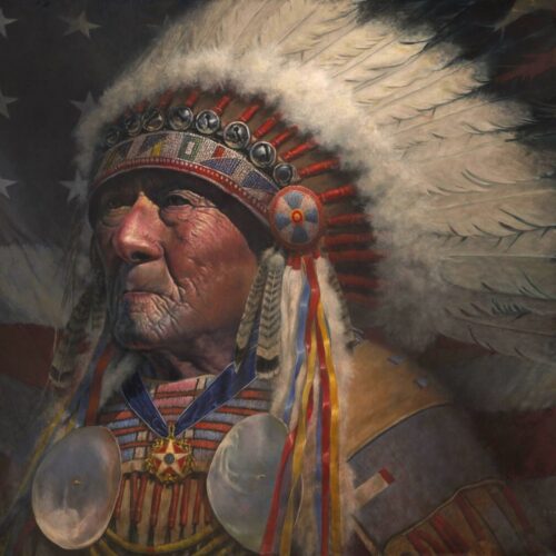 An elderly Native American man wearing a traditional feathered headdress and beaded clothing stands in front of a faded American flag, looking thoughtfully into the distance. 15th Annual PleinAir Salon Art Competition