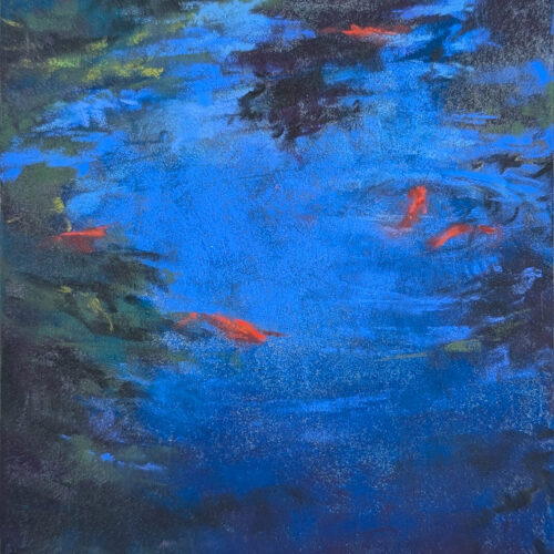 Impressionistic painting of a pond with dark blue water, highlighted reflections, and several small orange fish swimming beneath the surface. 15th Annual PleinAir Salon Art Competition