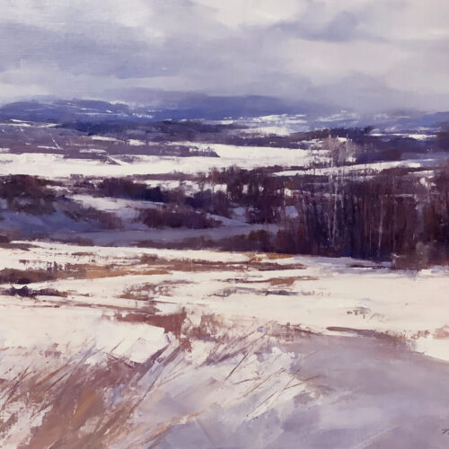 A snowy landscape with rolling hills, scattered trees, and a cloudy sky. The scene is painted in soft, muted tones of white, blue, and purple, evoking a quiet, winter atmosphere. 15th Annual PleinAir Salon Art Competition