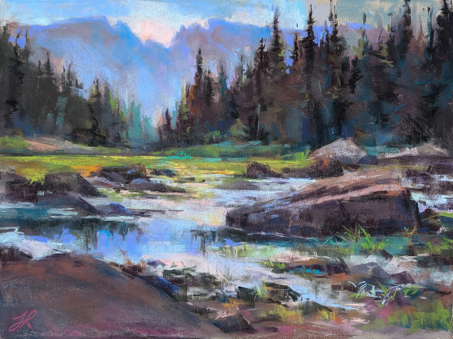 A colorful painting of a serene river flowing through a forest with tall pine trees, rocks, and distant blue mountains under a soft, pastel sky. 15th Annual PleinAir Salon Art Competition