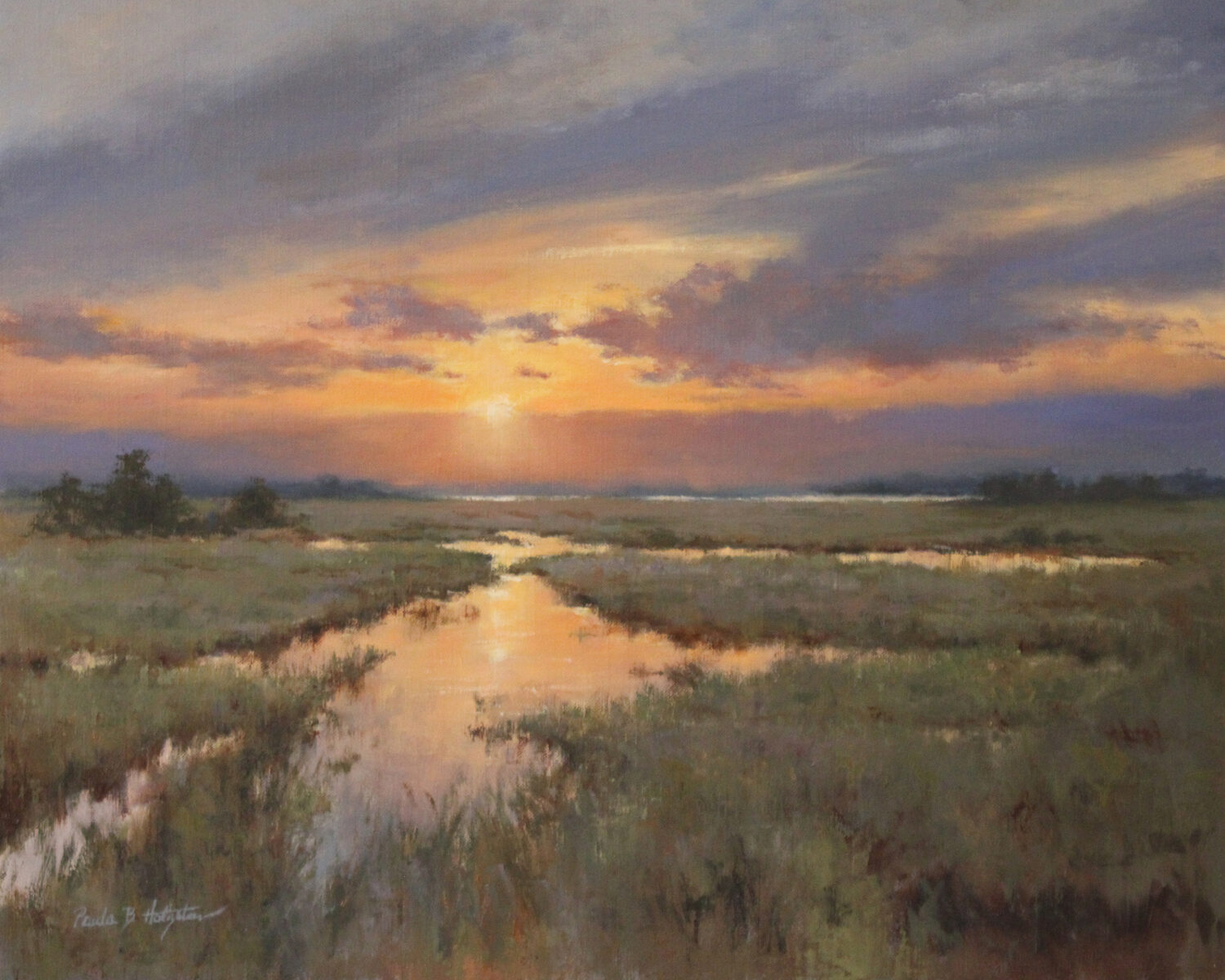 A peaceful marsh landscape at sunset, with golden sunlight reflecting off the winding water and soft clouds filling the sky. 15th Annual PleinAir Salon Art Competition