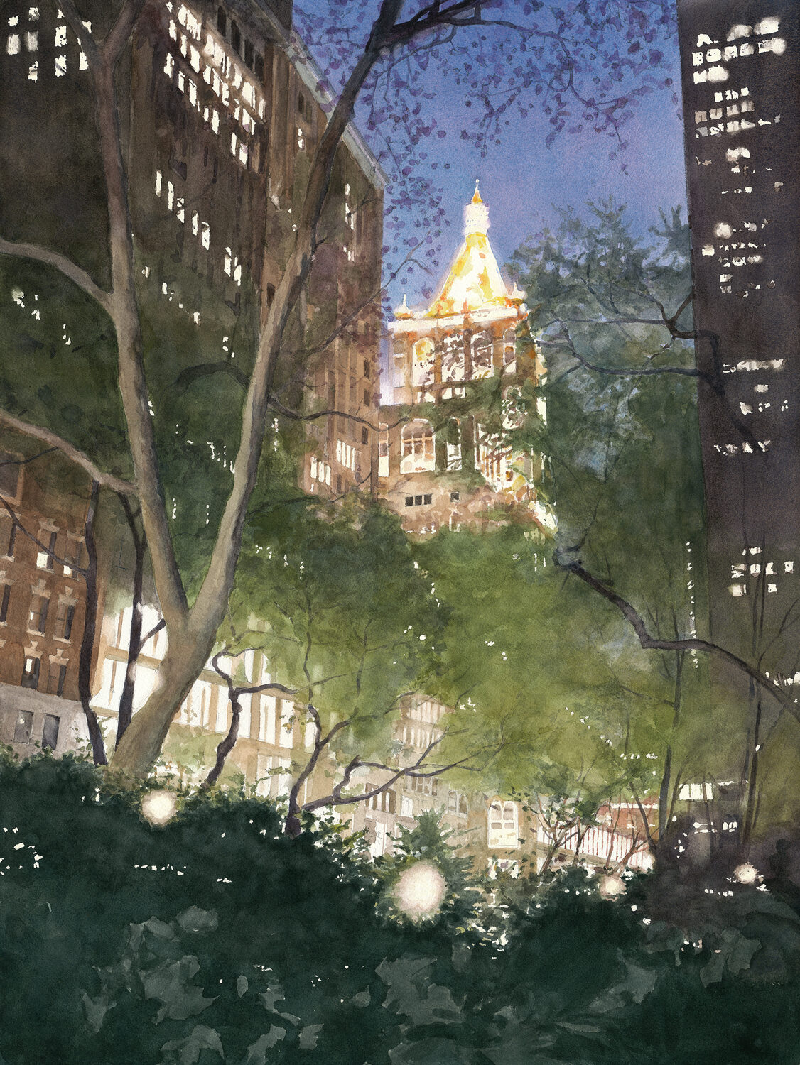 A city park at dusk with tall buildings, glowing lights, and green trees. One buildings lit-up spire stands out against the evening sky. 15th Annual PleinAir Salon Art Competition