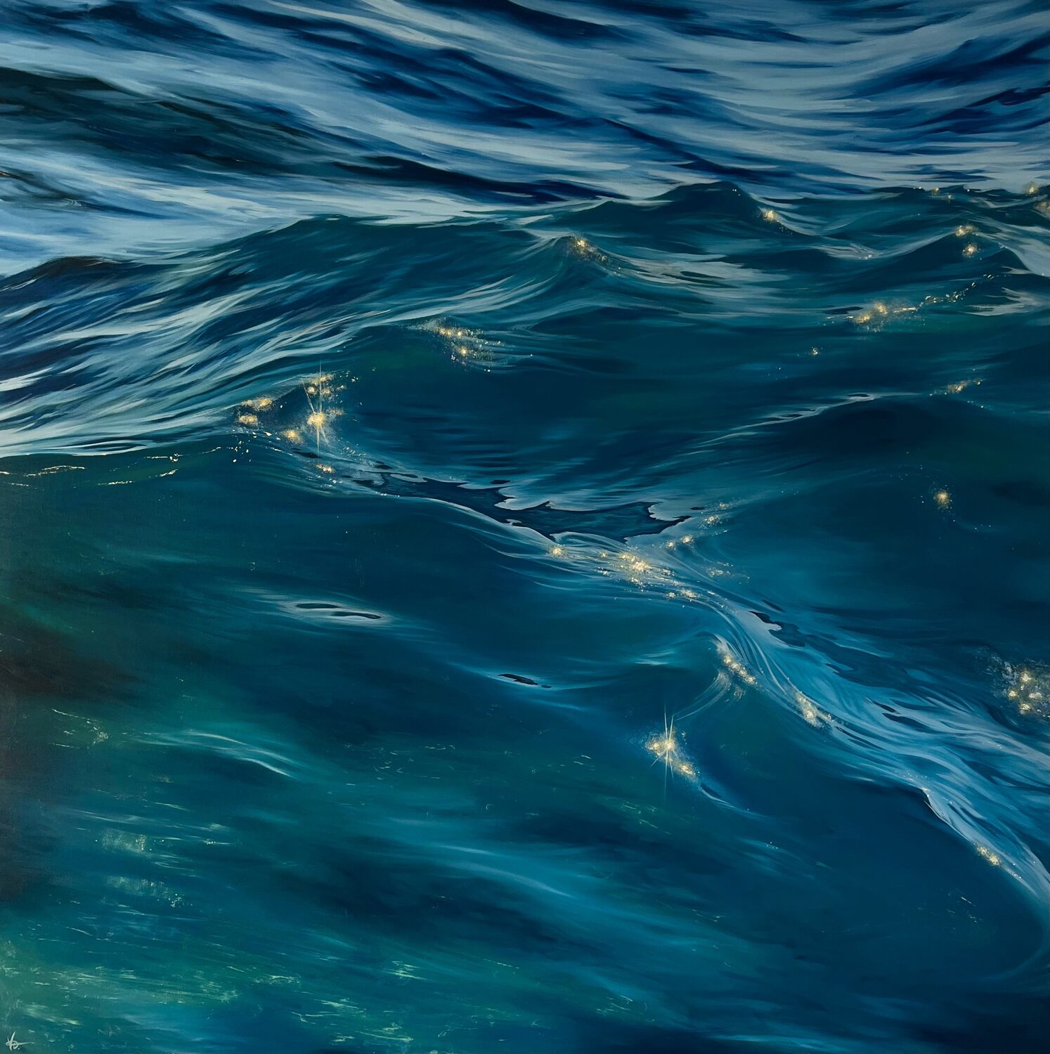 Rippling blue ocean water with sunlight reflecting off the surface, creating sparkling highlights and gentle waves. 15th Annual PleinAir Salon Art Competition