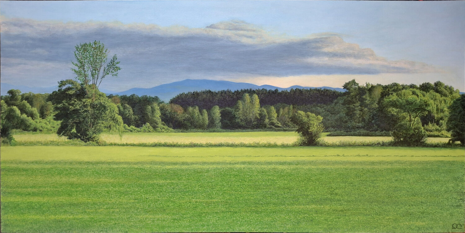 A green field bordered by trees, with distant mountains and a cloudy sky in the background. Soft sunlight illuminates parts of the field and trees. 15th Annual PleinAir Salon Art Competition