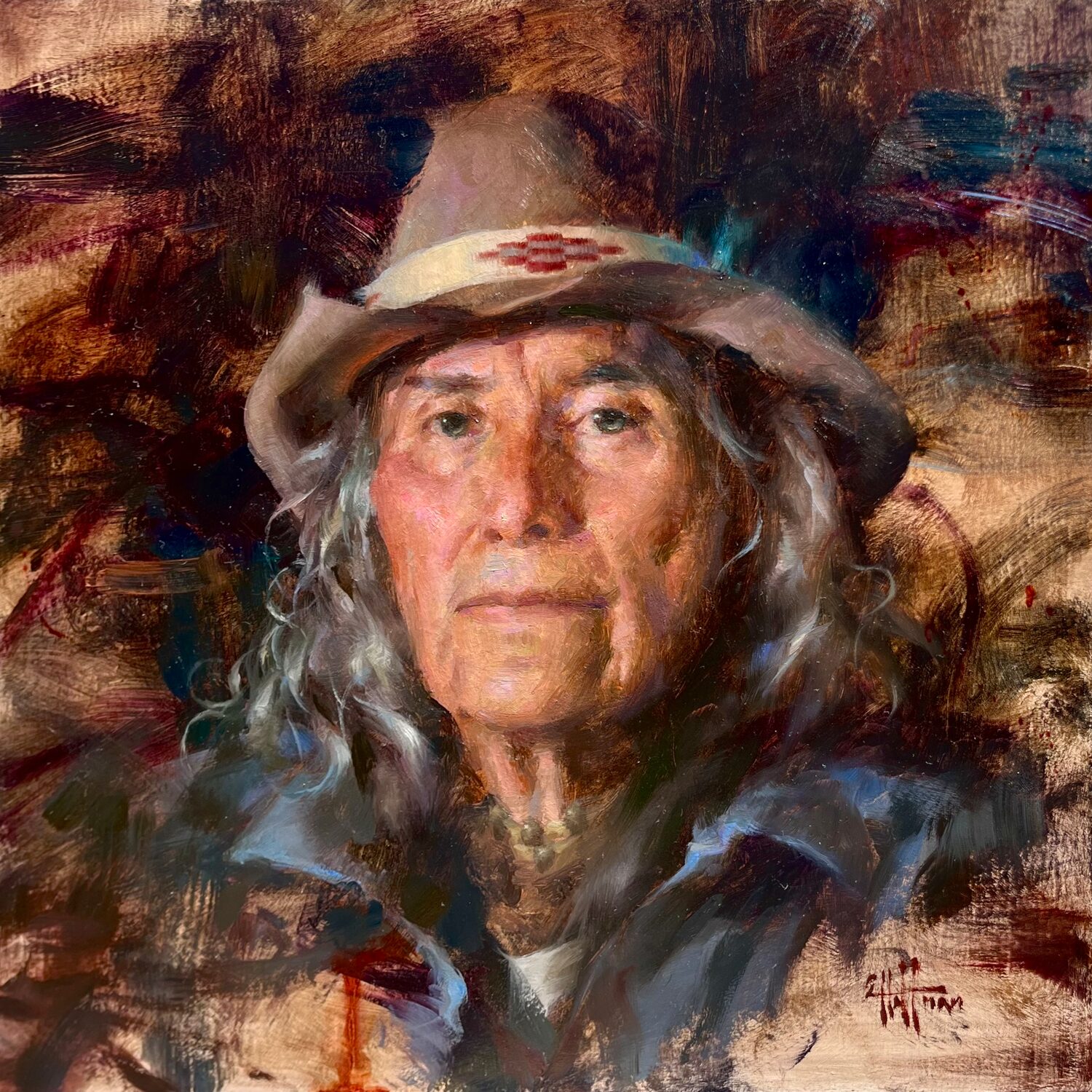 A painted portrait of an older person with long gray hair, wearing a tan hat and a patterned shirt, set against a textured, colorful background. 15th Annual PleinAir Salon Art Competition