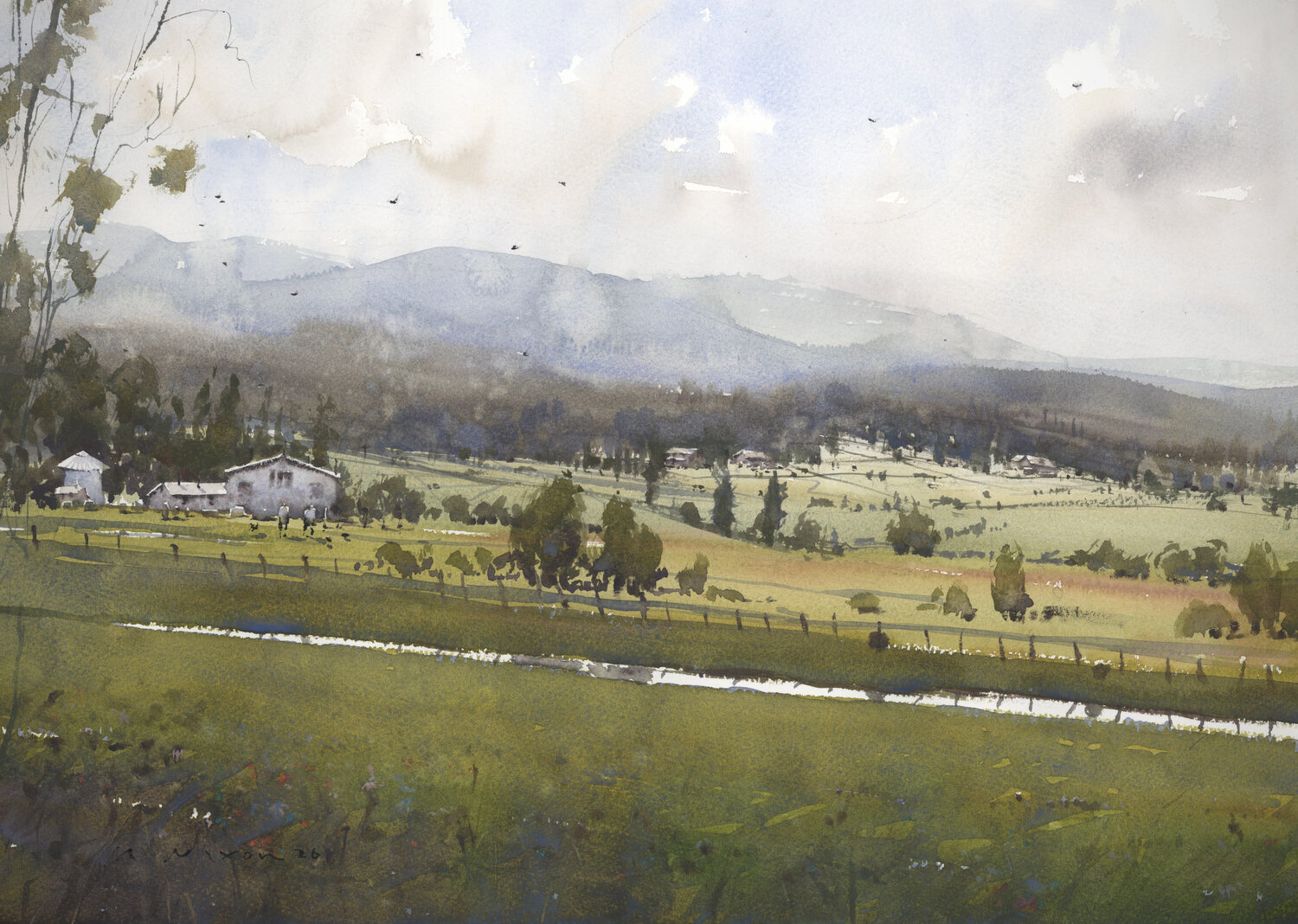 Watercolor painting of a peaceful rural landscape with green fields, scattered trees, distant hills, a white house, and a narrow stream reflecting the sky under soft clouds. 15th Annual PleinAir Salon Art Competition