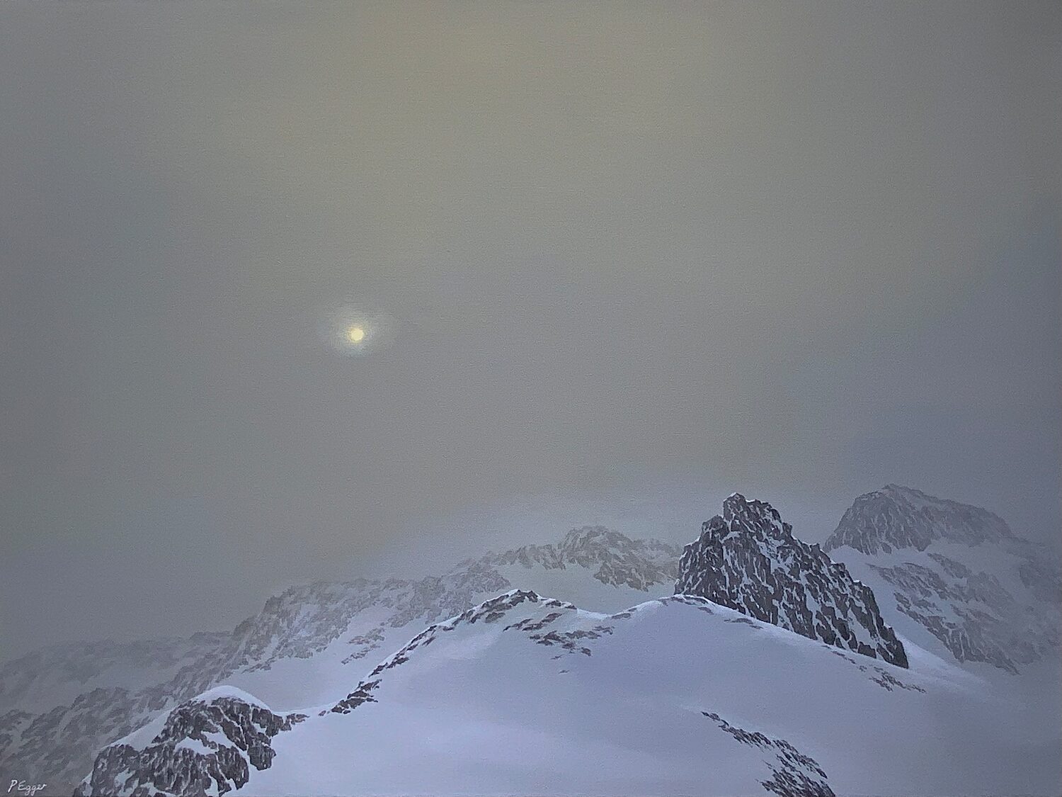 Snow-covered mountain peaks under a misty sky with the sun faintly visible through the haze, creating a serene and tranquil winter scene. 15th Annual PleinAir Salon Art Competition