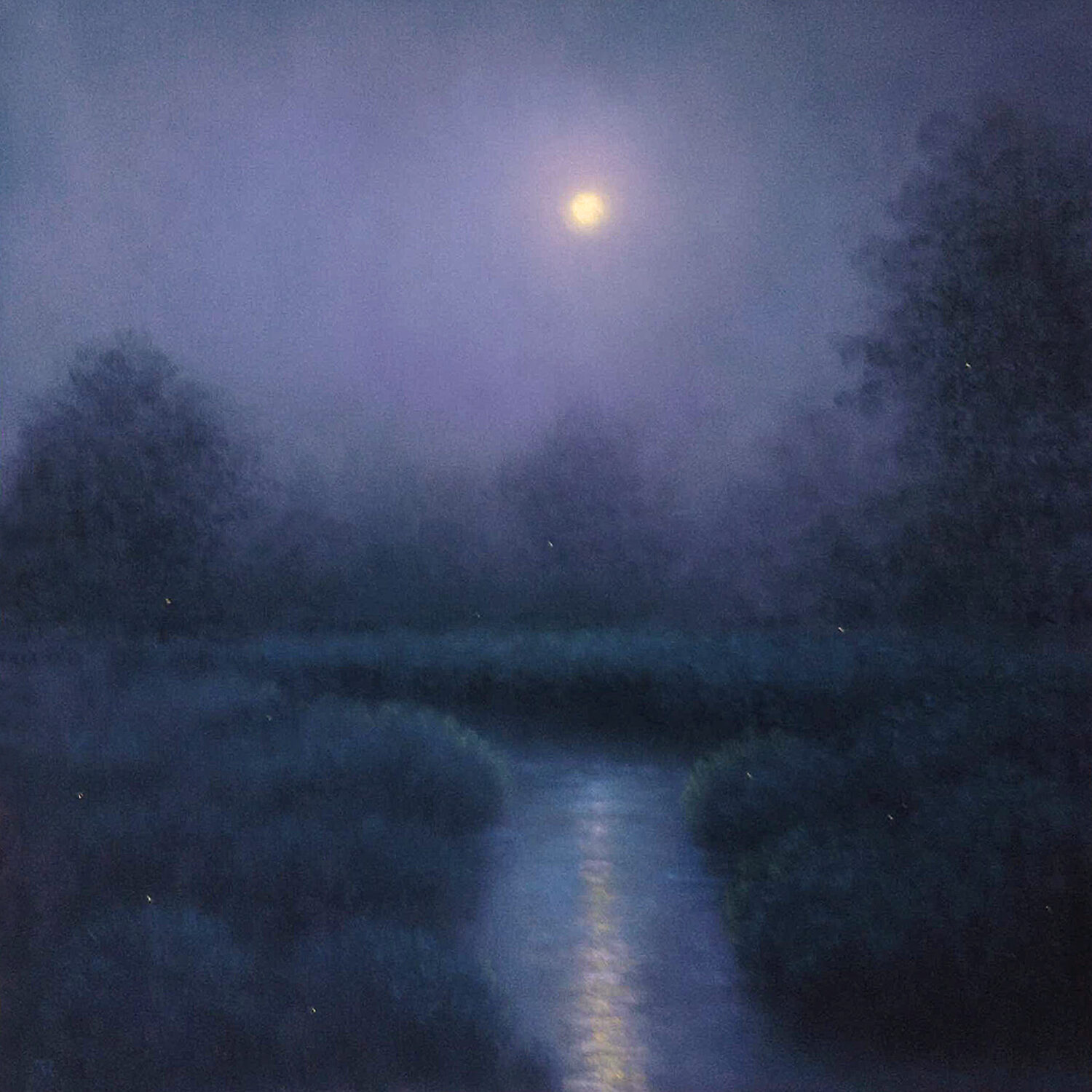 A misty night landscape with a full moon glowing in a purple sky, reflecting on a calm river surrounded by dark, shadowy trees and bushes. 15th Annual PleinAir Salon Art Competition