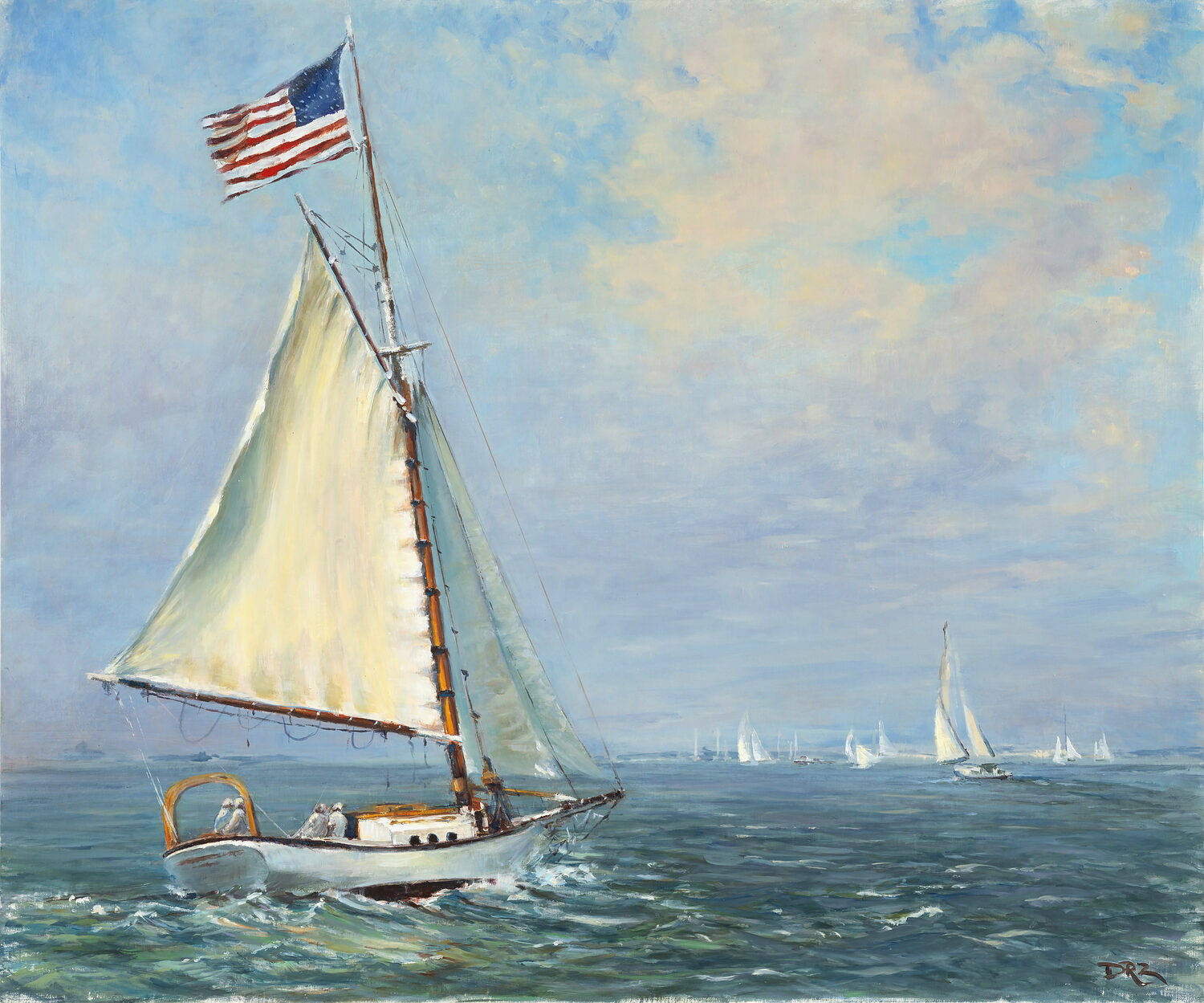 A sailboat with an American flag glides on the ocean under a partly cloudy sky, with several other sailboats visible in the distance. 15th Annual PleinAir Salon Art Competition