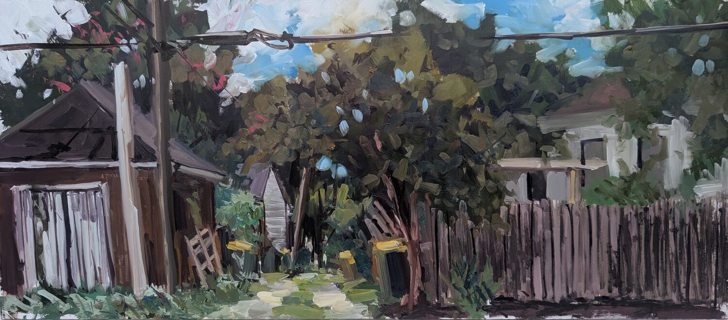 An impressionist painting of a backyard with trees, a wooden fence, power lines, trash bins, and two houses partially visible under a blue sky with clouds. 15th Annual PleinAir Salon Art Competition
