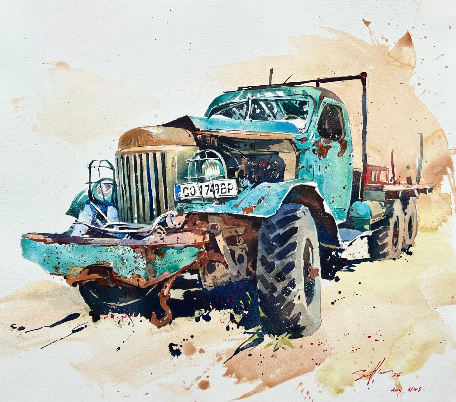 Watercolor painting of a rusty, broken-down teal truck with a damaged front, large tires, and a visible license plate, set on a light background with splashes of color. 15th Annual PleinAir Salon Art Competition