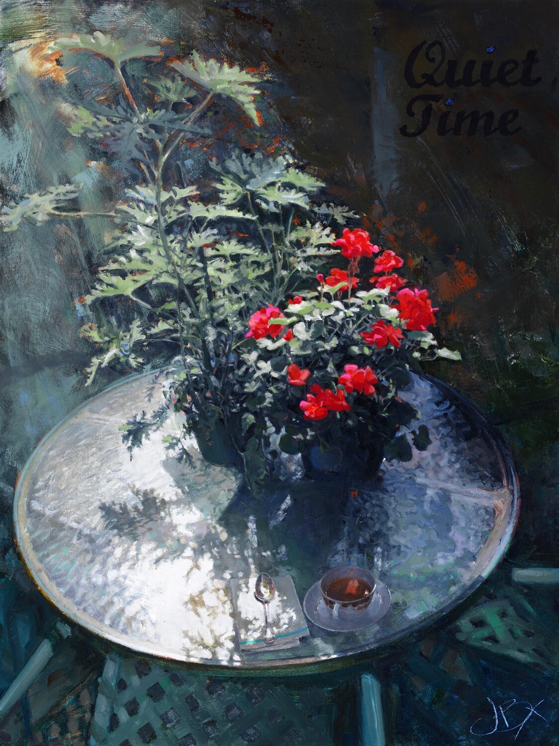 A glass table with a potted plant of red flowers, a cup of tea, and sunlight casting shadows. The words Quiet Time appear in the upper right corner. 15th Annual PleinAir Salon Art Competition