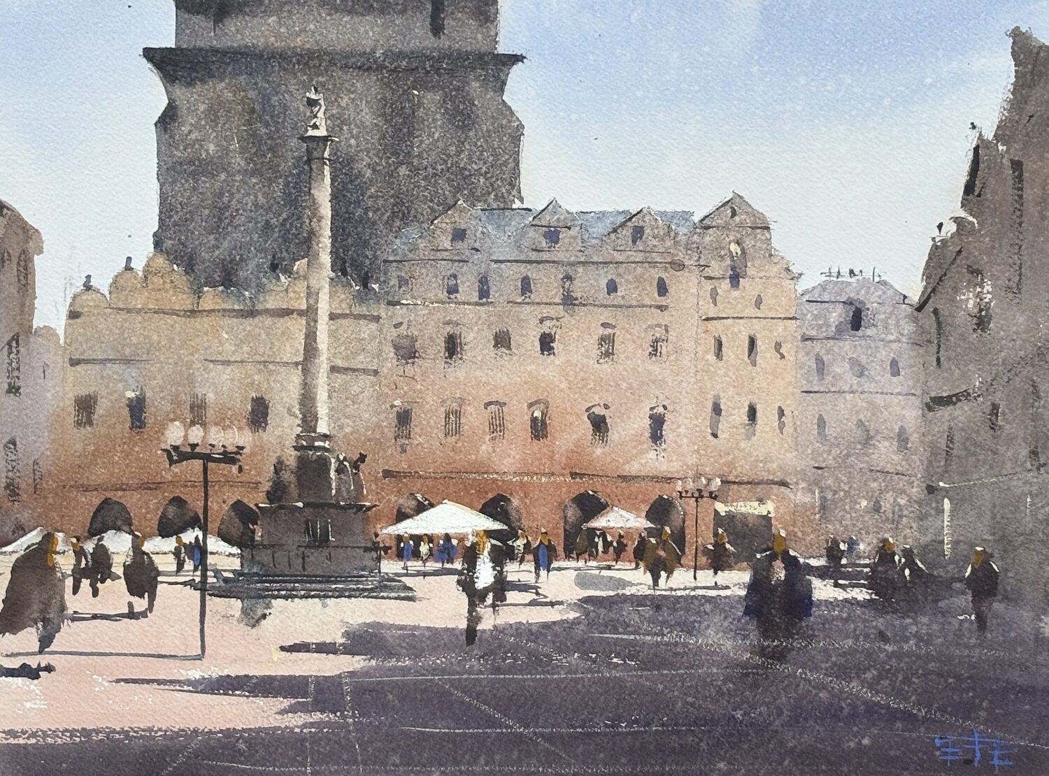 Watercolor painting of a European town square with a tall monument, historic buildings, people walking, and outdoor seating under umbrellas on a sunny day. 15th Annual PleinAir Salon Art Competition