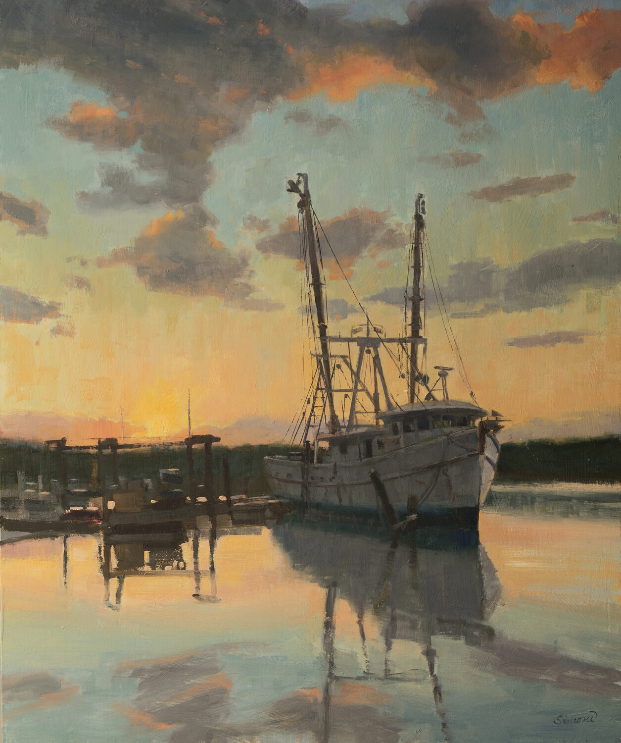 A fishing boat is docked at a pier during sunset, with warm orange and yellow hues in the sky reflecting on the calm water. 15th Annual PleinAir Salon Art Competition