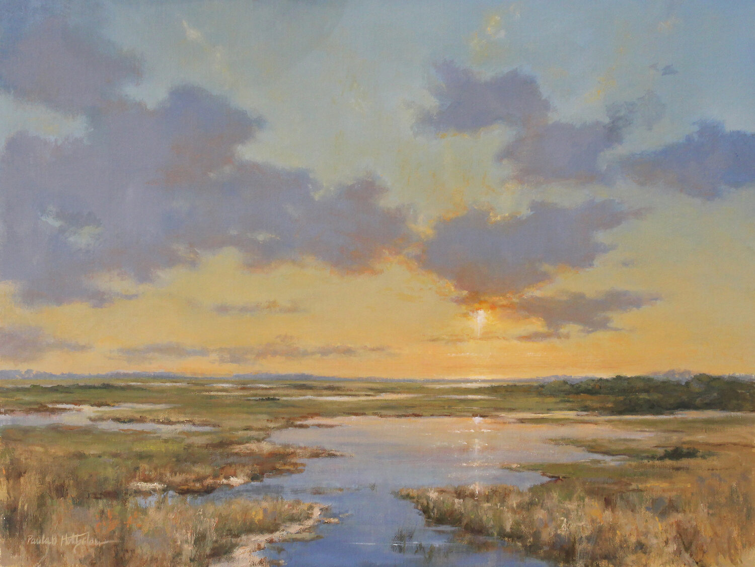 A serene landscape painting of a marsh at sunset, with golden light reflecting on the water, tall grasses in the foreground, and soft clouds scattered across a pastel-colored sky. 15th Annual PleinAir Salon Art Competition