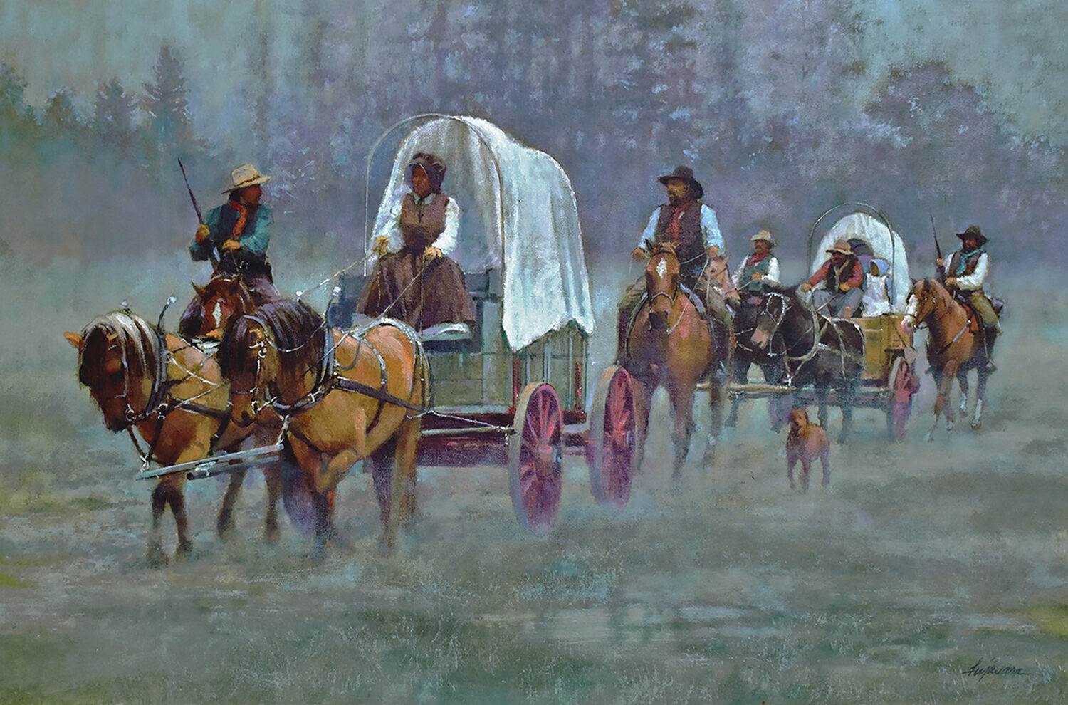 Two covered wagons led by horses travel through a misty landscape. Men, women, and a dog are present, dressed in pioneer-era clothing. Trees and fog form the background. 15th Annual PleinAir Salon Art Competition