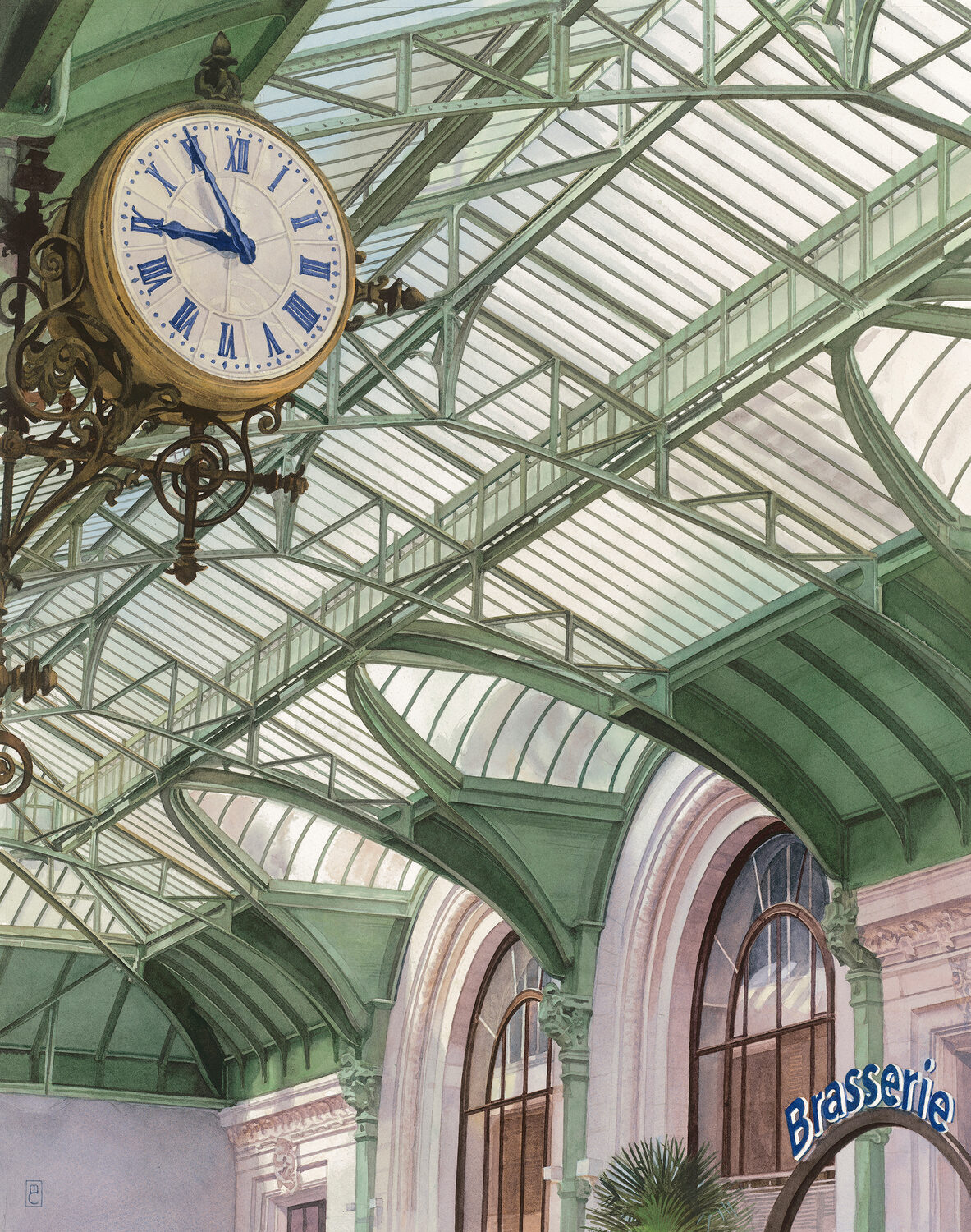 Large ornate clock with Roman numerals hangs from a green metal and glass ceiling inside a building; part of an arched window and a Brasserie sign are visible below. 15th Annual PleinAir Salon Art Competition