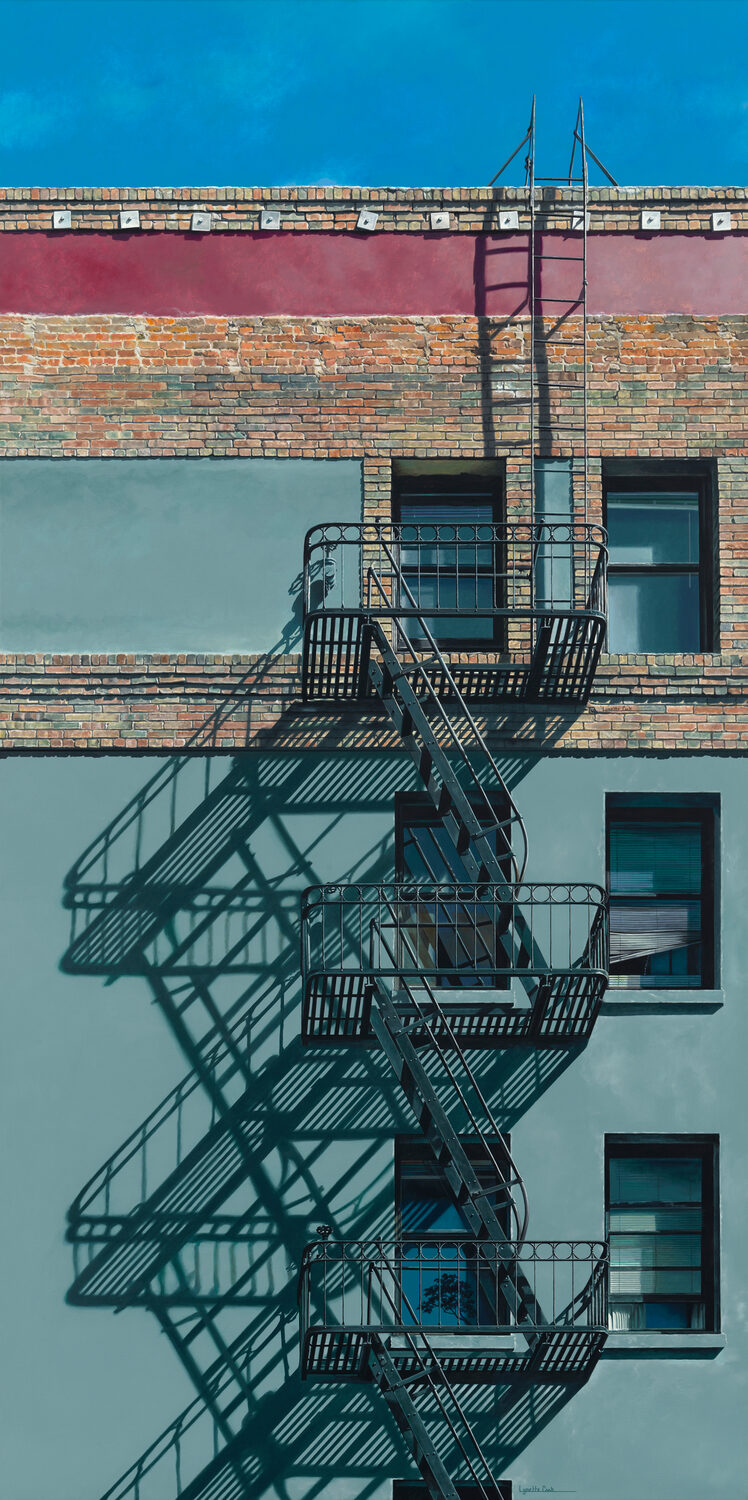A brick building with a metal fire escape casting sharp shadows on a gray wall, three windows, and a blue sky above. 15th Annual PleinAir Salon Art Competition
