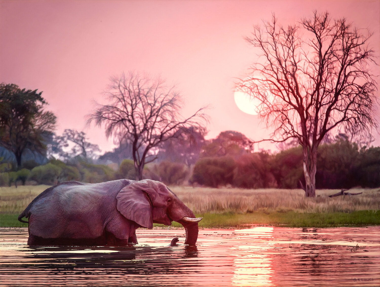 An elephant stands in water at sunset, drinking with its trunk. The sky is pink and purple, with silhouettes of trees and the sun low on the horizon, creating a peaceful, natural scene. 15th Annual PleinAir Salon Art Competition
