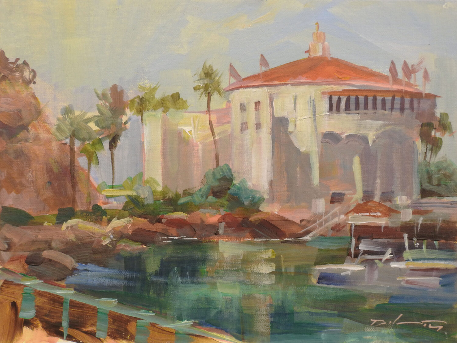 A painted scene of a waterfront building with a red tile roof, palm trees, boats, greenish water, and cliffs under a light blue sky. 15th Annual PleinAir Salon Art Competition