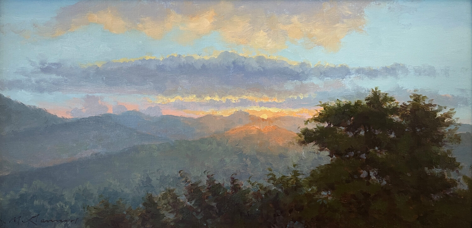 A serene landscape painting of distant mountains at sunset, with soft clouds in the sky and silhouettes of trees in the foreground. Warm sunlight glows over the horizon, creating a peaceful and natural scene. 15th Annual PleinAir Salon Art Competition