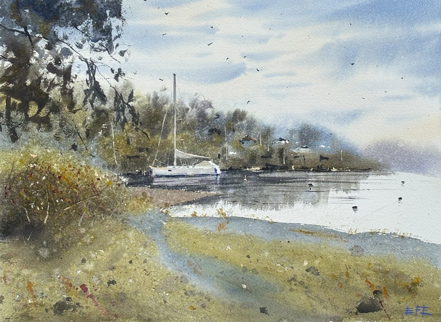 A serene watercolor painting of a lakeside scene with a sailboat near the shore, calm water, and trees in the background under a partly cloudy sky. 15th Annual PleinAir Salon Art Competition