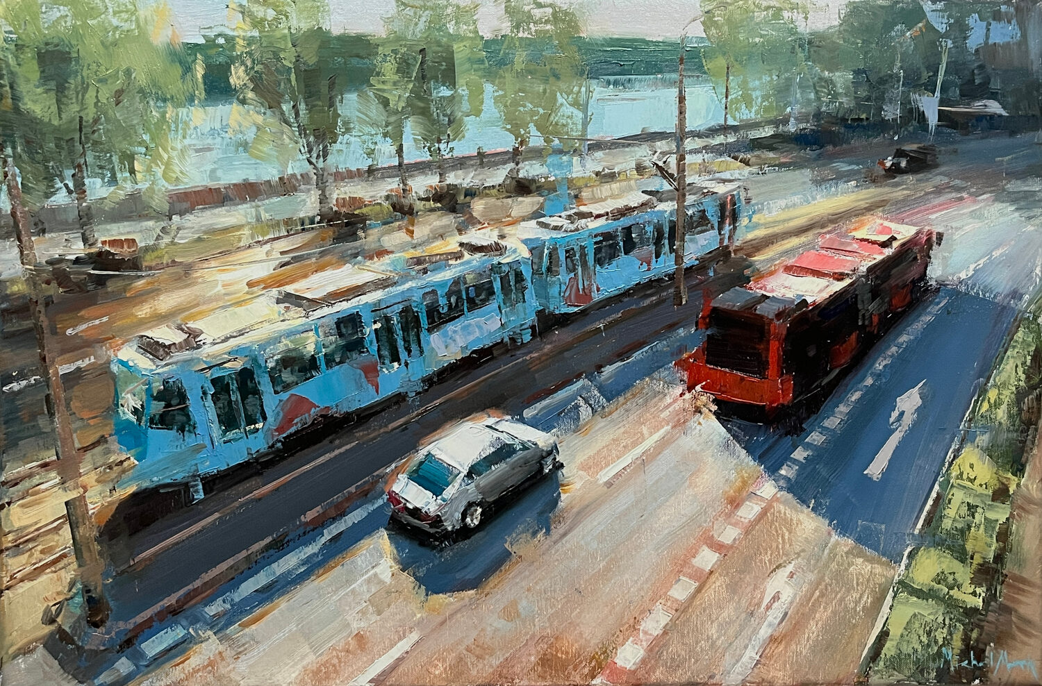 A painting of a city street with a blue tram, a red bus, and a gray car moving side by side. Trees line the background, and sunlight creates bright reflections on the road. 15th Annual PleinAir Salon Art Competition
