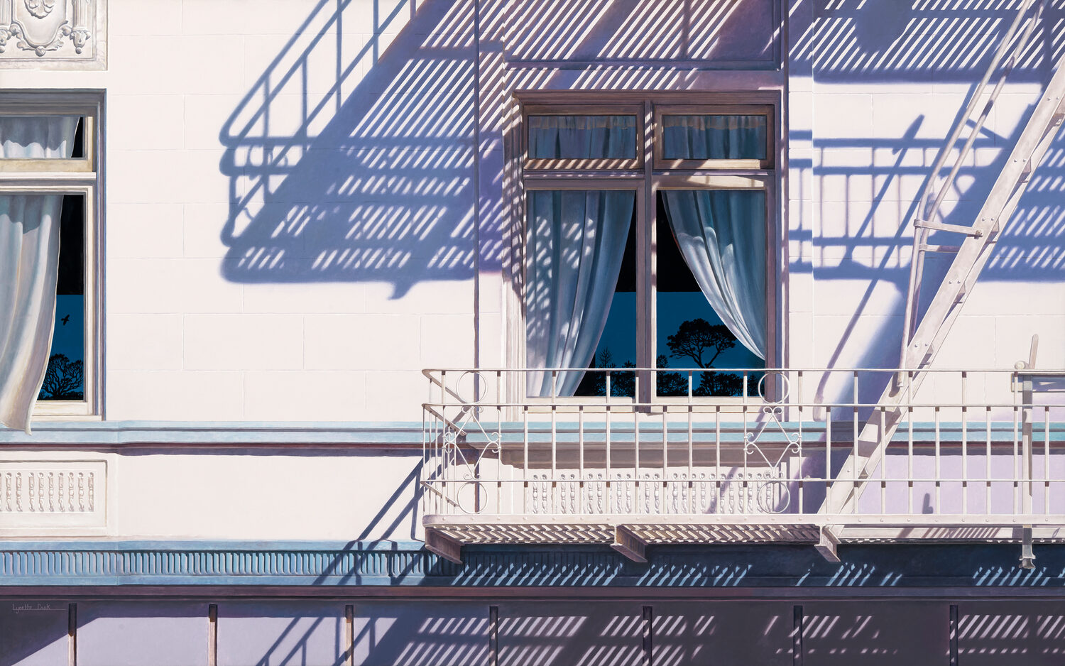 A white building with a fire escape casts shadows on the wall. A window with blue curtains is slightly open, revealing trees against a blue sky. A second window and balcony are also visible. 15th Annual PleinAir Salon Art Competition