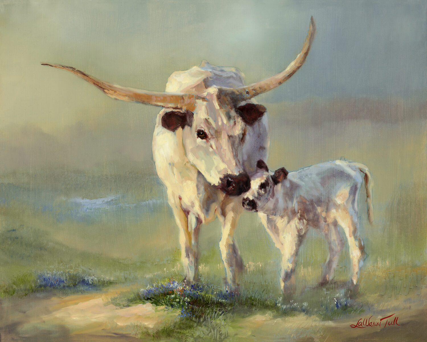 A painting of a white longhorn cow with large curved horns standing beside a small white calf in a grassy field, with a soft, misty background. 15th Annual PleinAir Salon Art Competition