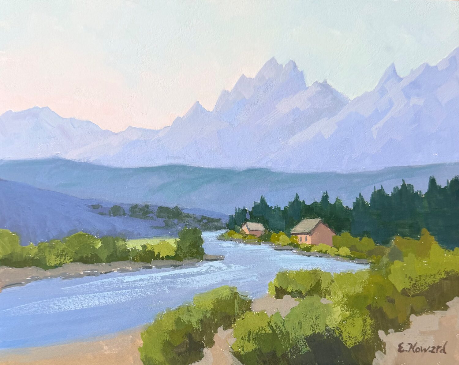 A serene landscape painting of a river flowing through green bushes, with two small houses near the riverbank, pine trees, and distant misty mountains under a soft pastel sky. 15th Annual PleinAir Salon Art Competition