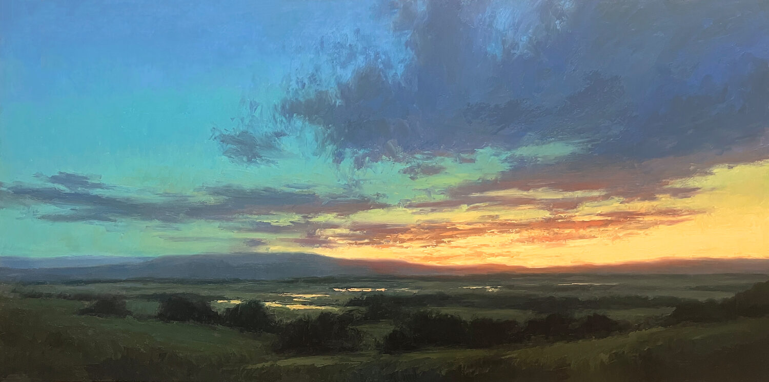A landscape painting of a sunset with colorful clouds over rolling green hills and small reflective lakes, blending warm yellow and cool blue tones in the sky. 15th Annual PleinAir Salon Art Competition