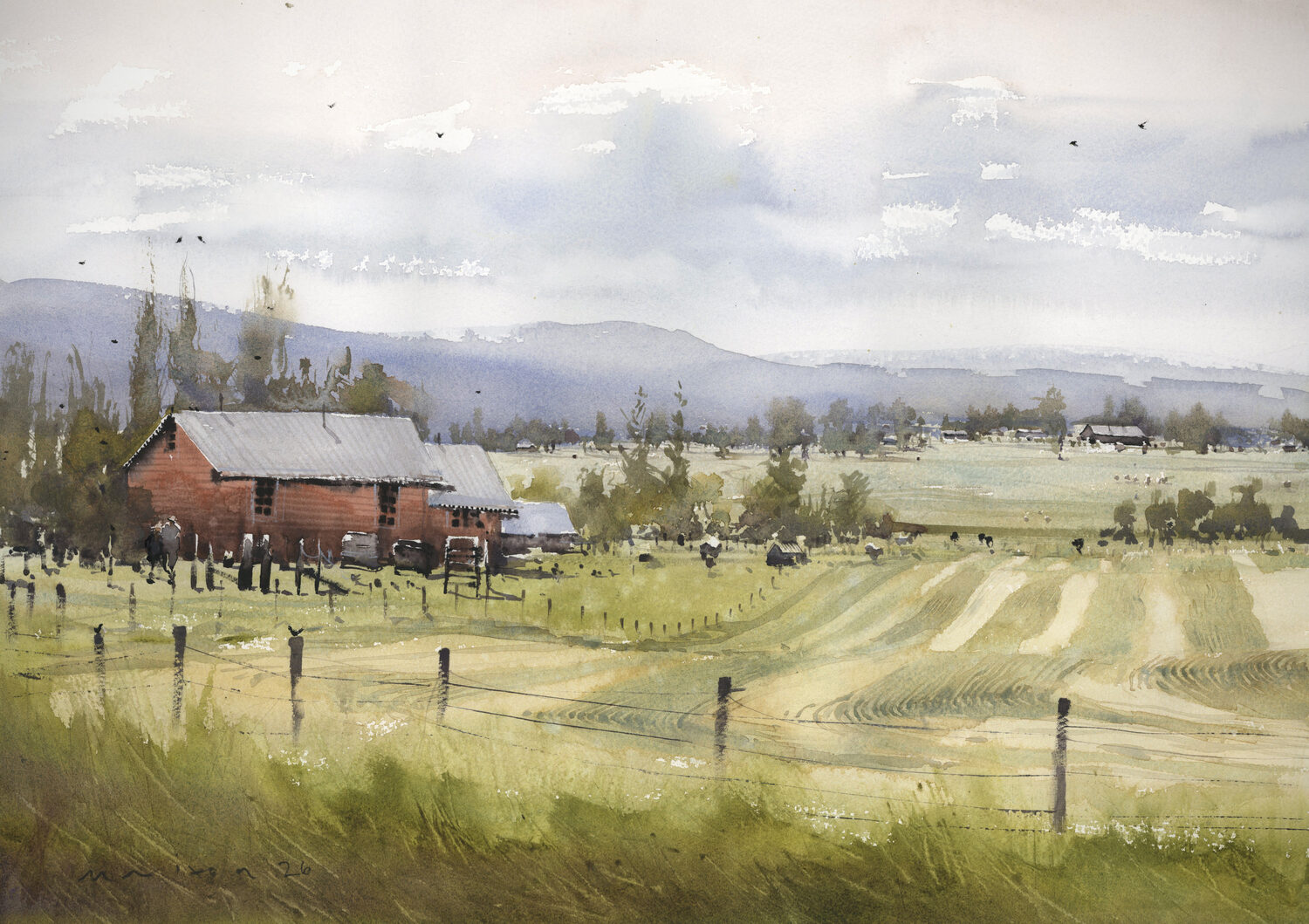 A watercolor painting of a rural landscape with red barns, cattle grazing, fenced green fields, distant trees, and mountains under a cloudy sky. 15th Annual PleinAir Salon Art Competition