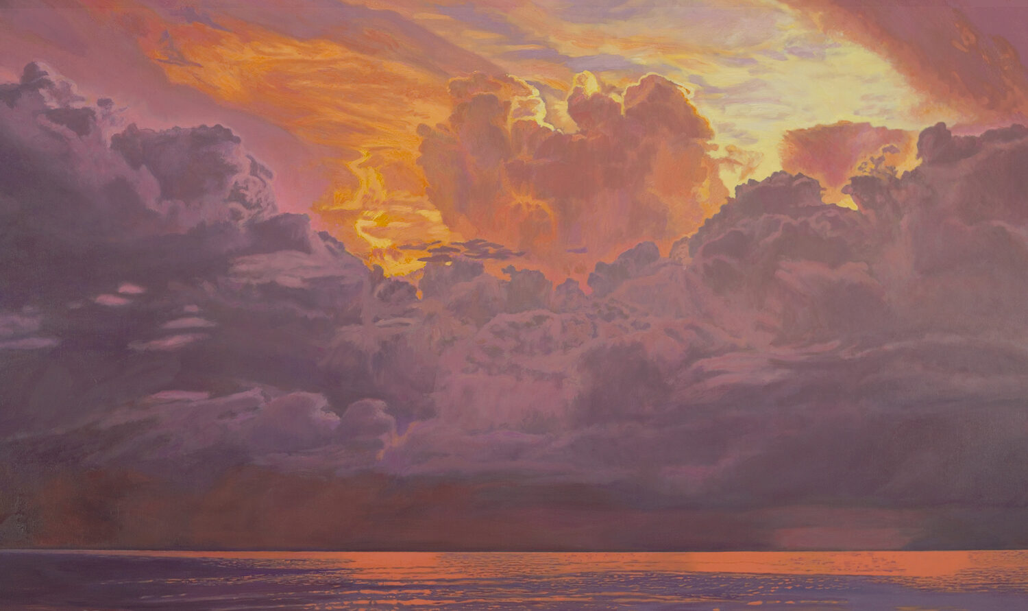 A vibrant sunset over calm water, with dramatic, colorful clouds in shades of orange, purple, and pink filling the sky, reflecting on the surface below. 15th Annual PleinAir Salon Art Competition