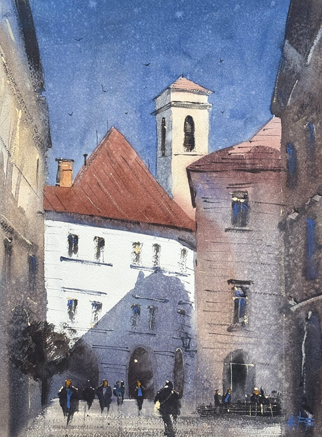 Watercolor painting of a European street with people walking, tall old buildings, a church tower, and a bright blue sky with birds. 15th Annual PleinAir Salon Art Competition