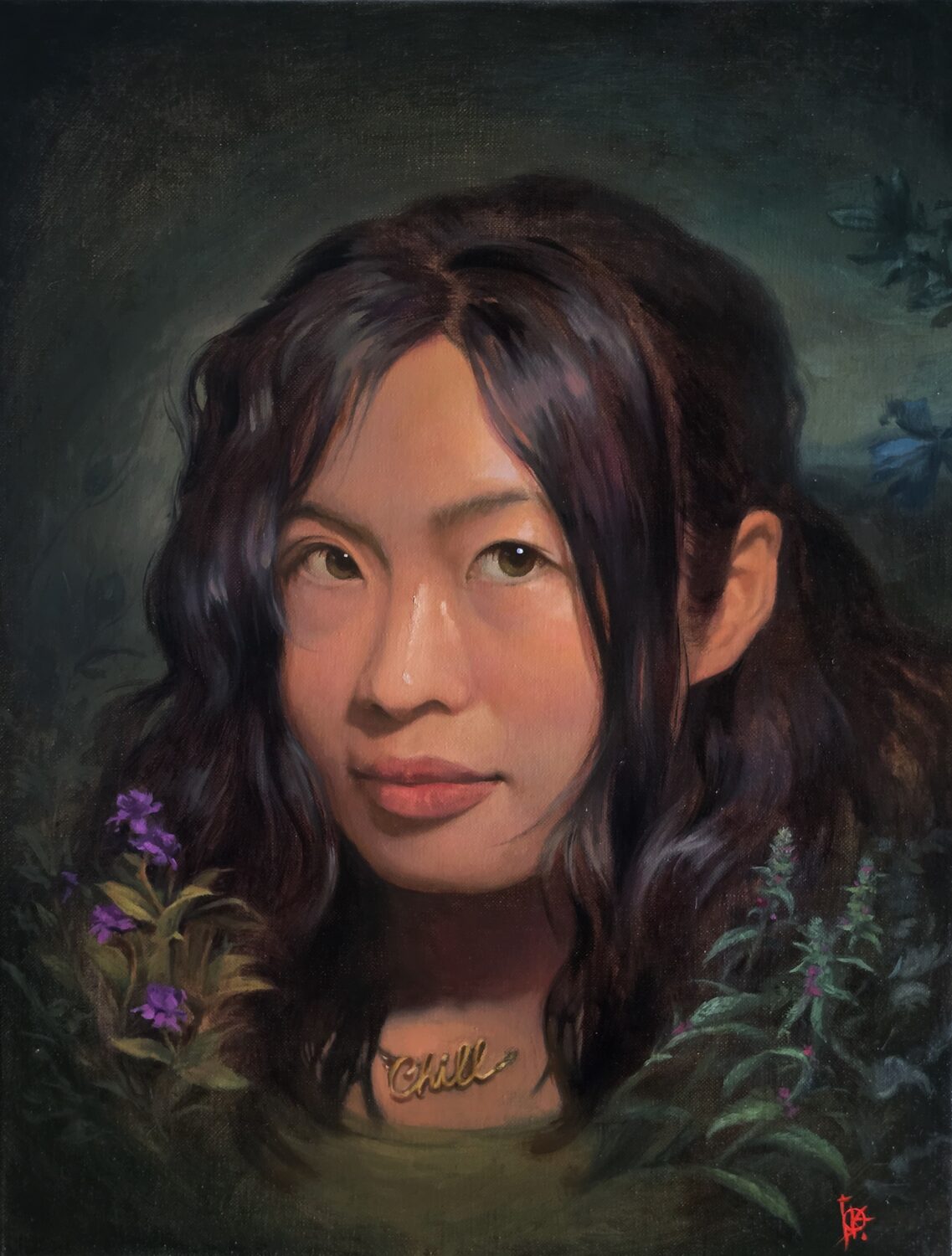 A painted portrait of a woman with long, wavy dark hair, surrounded by purple flowers. She wears a gold necklace with the word CHILL. The background is dark and smoky, adding a mysterious atmosphere. 15th Annual PleinAir Salon Art Competition