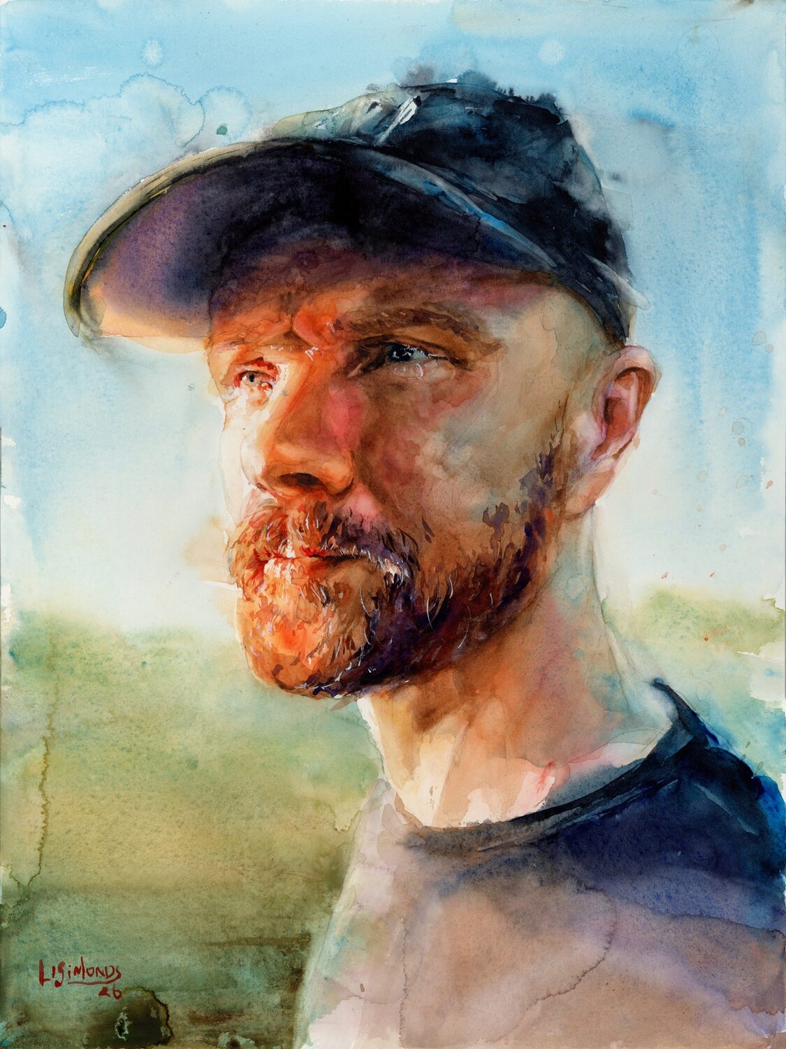 Watercolor portrait of a bearded man wearing a dark cap, gazing thoughtfully into the distance against a soft, sunlit outdoor background. 15th Annual PleinAir Salon Art Competition