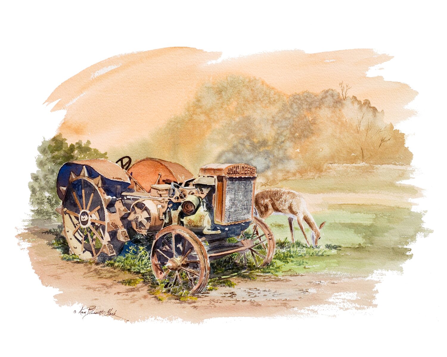 A watercolor painting of an old, rusty tractor in a grassy field with a deer grazing nearby. Soft, warm colors and blurred trees create a peaceful, rural atmosphere. 15th Annual PleinAir Salon Art Competition