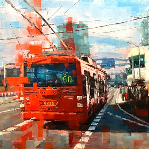 A red trolleybus marked 60 travels on a city street with modern buildings and power lines. The image has a painterly, abstract style featuring broad brush strokes and vivid colors. 15th Annual PleinAir Salon Art Competition
