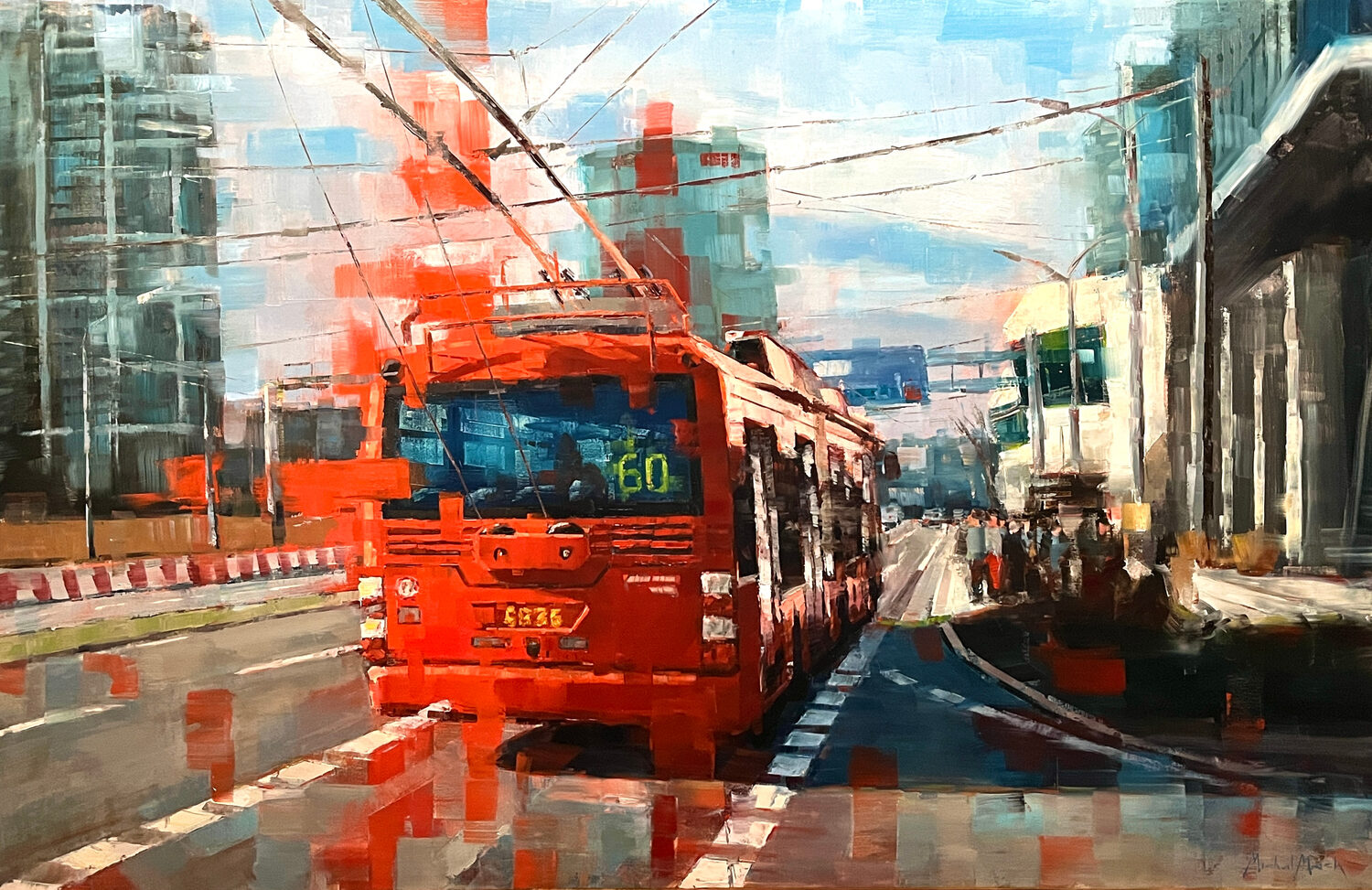 A red trolleybus marked 60 travels on a city street with modern buildings and power lines. The image has a painterly, abstract style featuring broad brush strokes and vivid colors. 15th Annual PleinAir Salon Art Competition