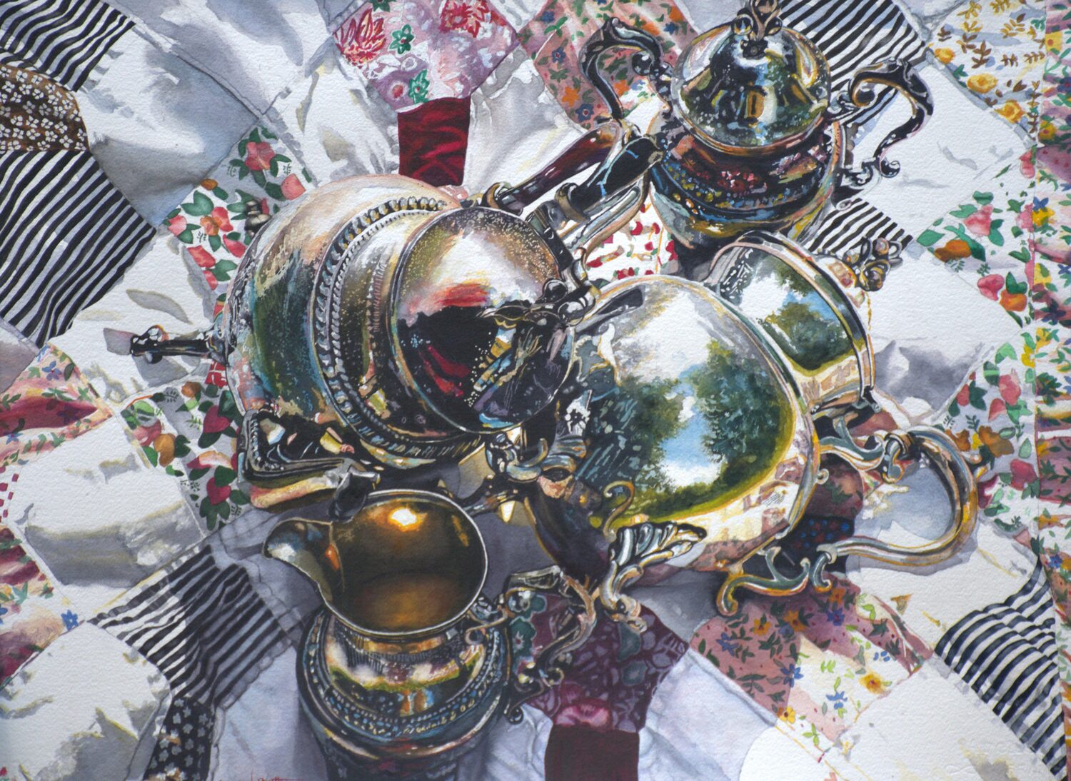A shiny silver tea set with teapots, sugar bowl, and creamer rests on a colorful, patterned quilt with floral and striped patches. The metal reflects light and quilt patterns. 15th Annual PleinAir Salon Art Competition