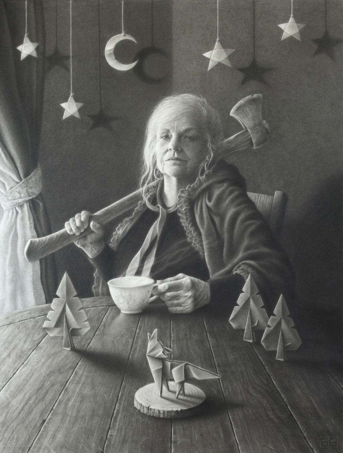 An older woman holds an axe over her shoulder and a teacup in her hand. Origami trees and an animal sit on the table. Hanging stars and a crescent moon decorate the background. The image is in grayscale. 15th Annual PleinAir Salon Art Competition