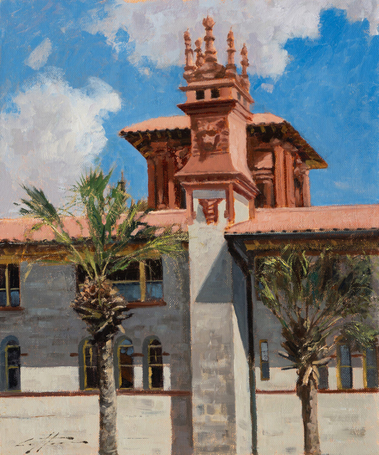 A painting of a historic building with red-tiled roofs and ornate tower details, featuring two palm trees in the foreground against a blue sky with scattered clouds. 15th Annual PleinAir Salon Art Competition