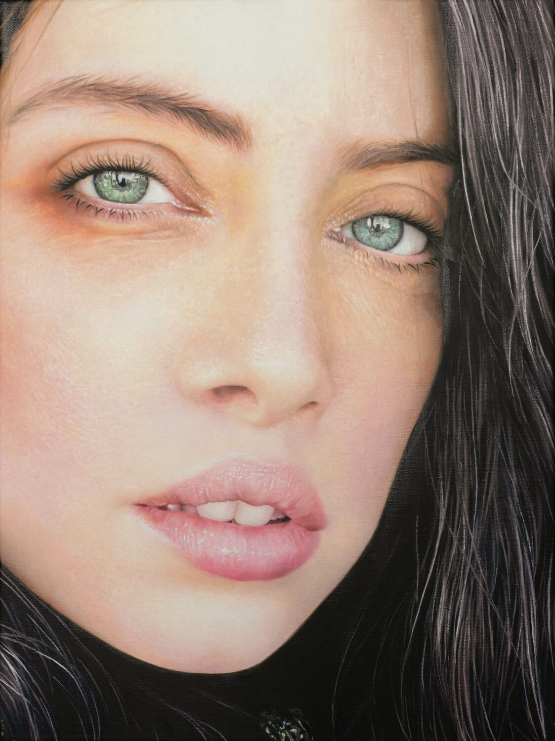 A close-up of a womans face with light green eyes, natural makeup, slightly parted pink lips, and wavy dark hair falling on the right side. Her expression is neutral and her skin is smooth and fair. 15th Annual PleinAir Salon Art Competition