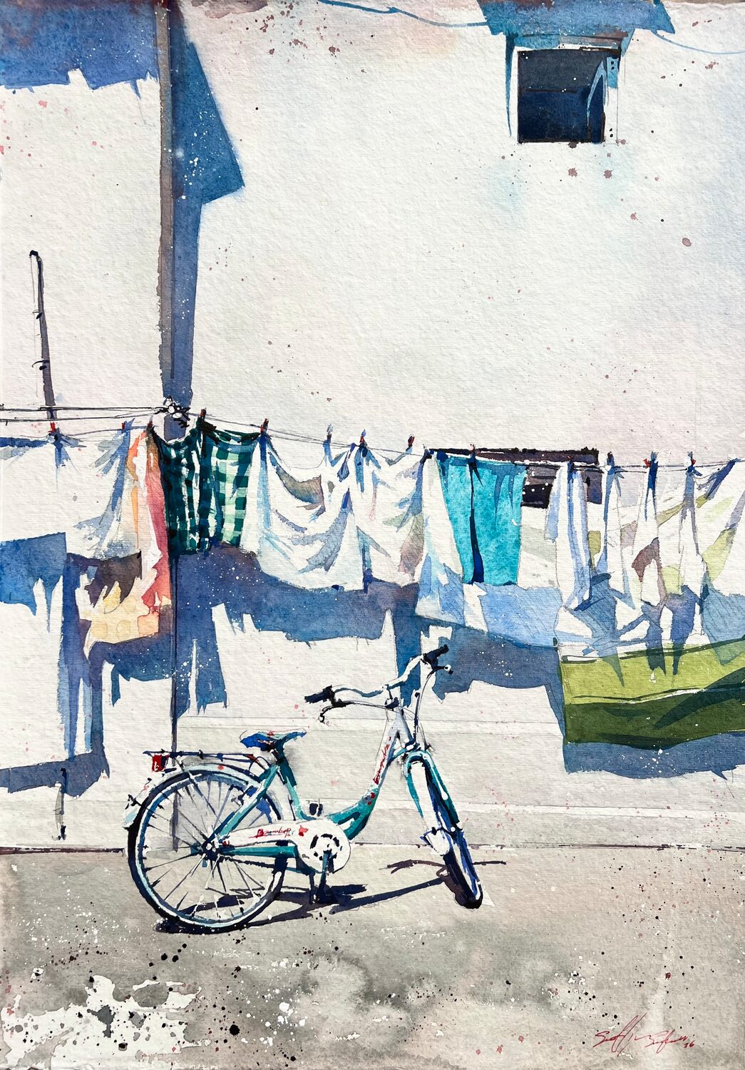 A watercolor painting of a teal bicycle parked on a sunlit street, with laundry hanging on a line against a white wall. Shadows and splashes of color create a lively, summery scene. 15th Annual PleinAir Salon Art Competition