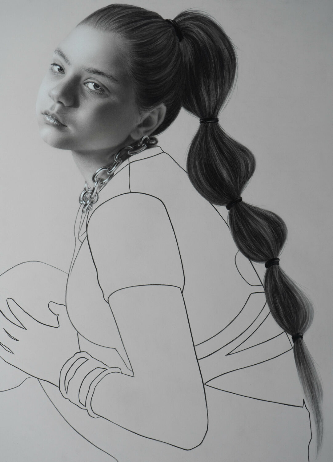 A grayscale portrait of a woman with a high, segmented ponytail, soft facial expression, and a chunky chain necklace. Her body and clothing are outlined in a minimal, sketch-like style. 15th Annual PleinAir Salon Art Competition