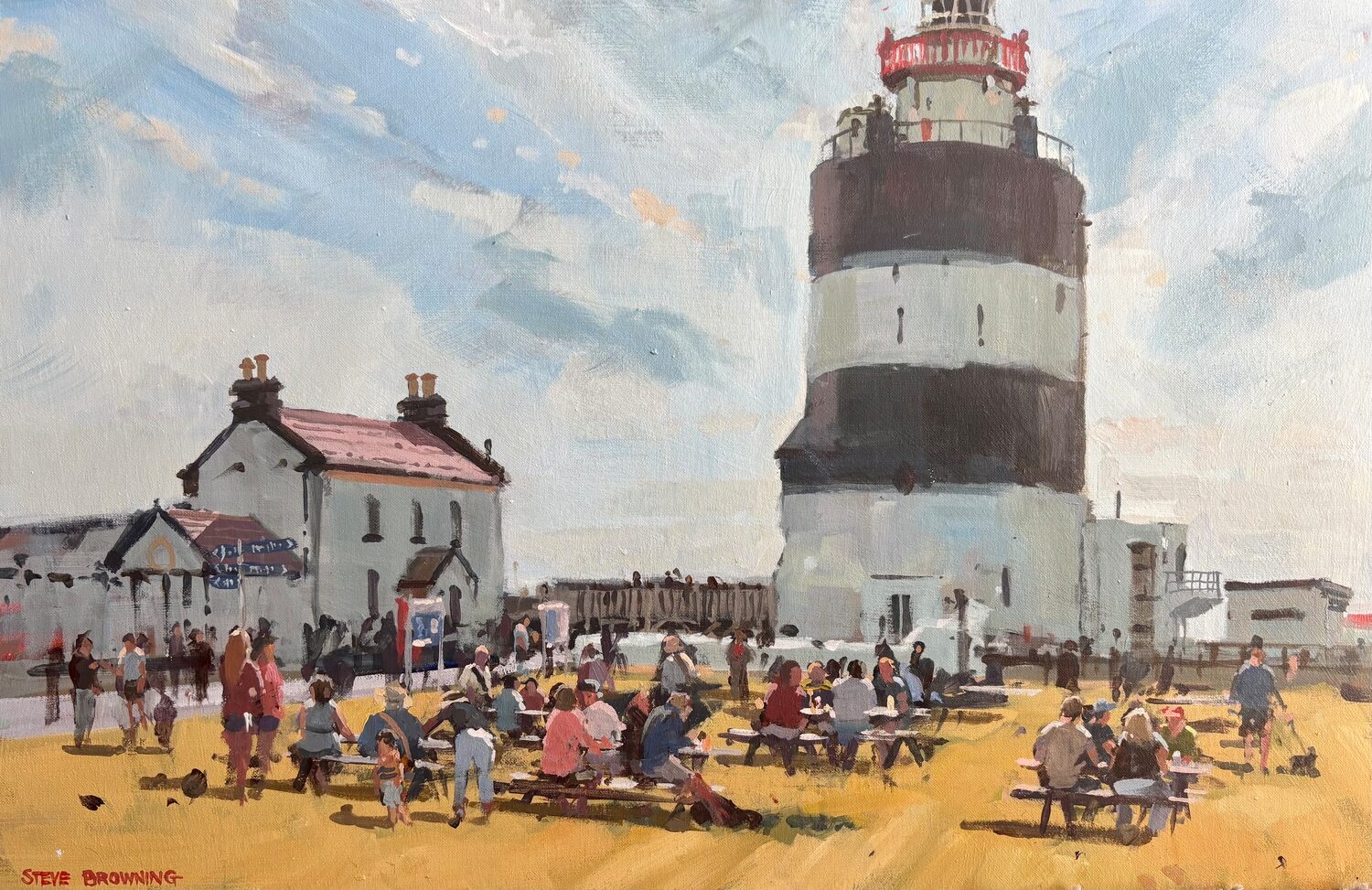 A painting shows people sitting at picnic tables near a large, black-and-white lighthouse with a red top, under a bright sky. Nearby buildings and signs are also visible. 15th Annual PleinAir Salon Art Competition