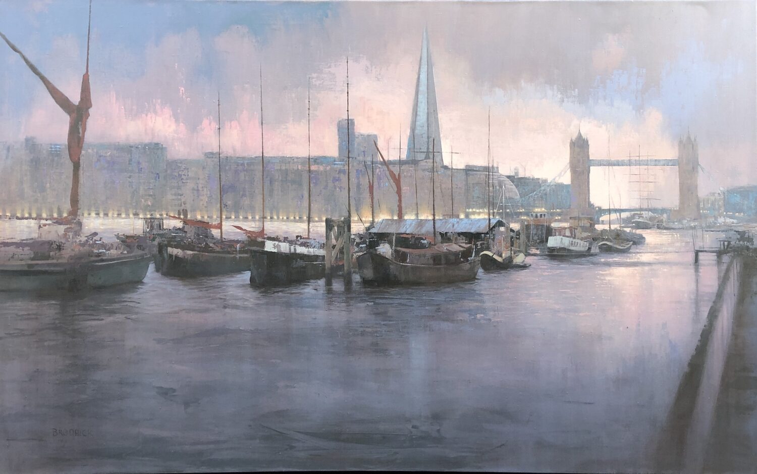 A painting of boats docked on the River Thames at dusk, with Londons Tower Bridge and The Shard visible in the background under a cloudy sky. 15th Annual PleinAir Salon Art Competition